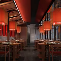Traditional Chinese Hotpot Restaurant Interior Design With Red Lanterns And Wooden Tables and Chairs