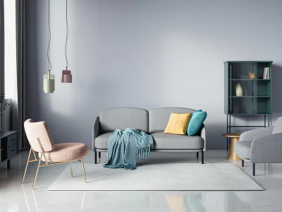 Modern Living Room Interior With Gray Sofa Pink Chair And Glass Cabinet 3d model