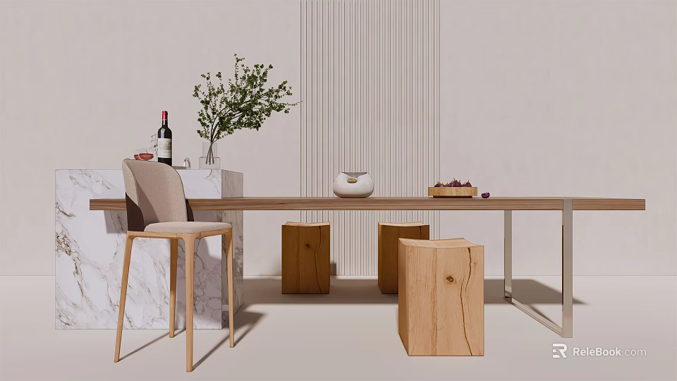 Modern Dining Table Set With Wooden Chair Stools Marble Base And Decorative Items 3d model