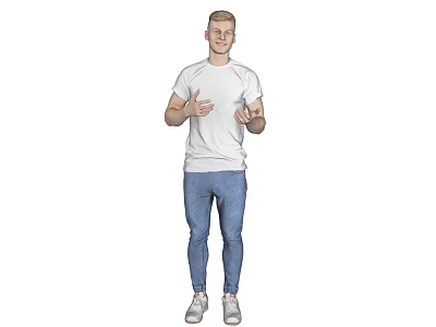 Man Wearing White T-Shirt Blue Jeans And White Sneakers Gesturing With Open Hands 3d model