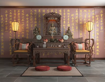Traditional Buddhist Shrine Cabinet with Buddha Statue Red Wall Golden Calligraphy Tea Set Floor Lamps 3d model