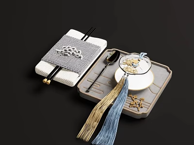 Traditional Ceramic Teacup with Spoon Chopsticks and Tassel on Gray Tray with Geometric Mat 3d model