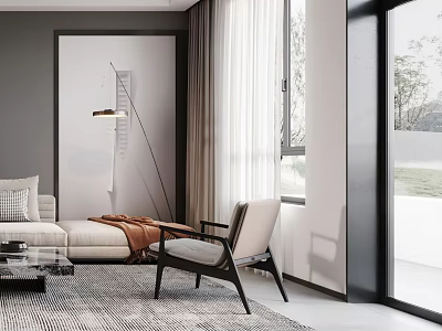 Stylish Accent Chair In Modern Living Room With Cozy Sofa Coffee Table And Natural Light 3d model
