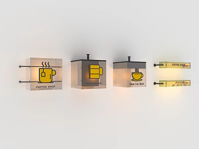 Public Facilities With Square Shaped Coffee Tea Signs And Yellow Cup Icons 3d model