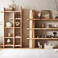 Wooden Antique Display Shelves With Decorative Vases Cat And Open Book On Rug