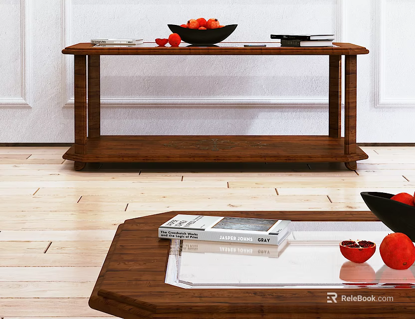 Stylish Wooden Coffee Table With Fruit Bowl And Glass Top Coffee Table With Books 3d model 
