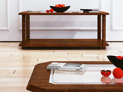 Stylish Wooden Coffee Table With Fruit Bowl And Glass Top Coffee Table With Books 3d model
