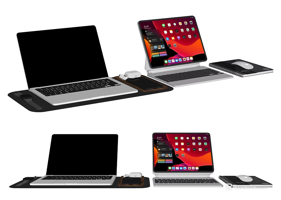 Modern Laptop and Tablet Setup with Wireless Mouse and Leather Mouse Pad 3d model