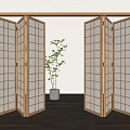 Wooden Folding Doors With Lattice Design Glass In Interior With Potted Plant And Warm Lighting