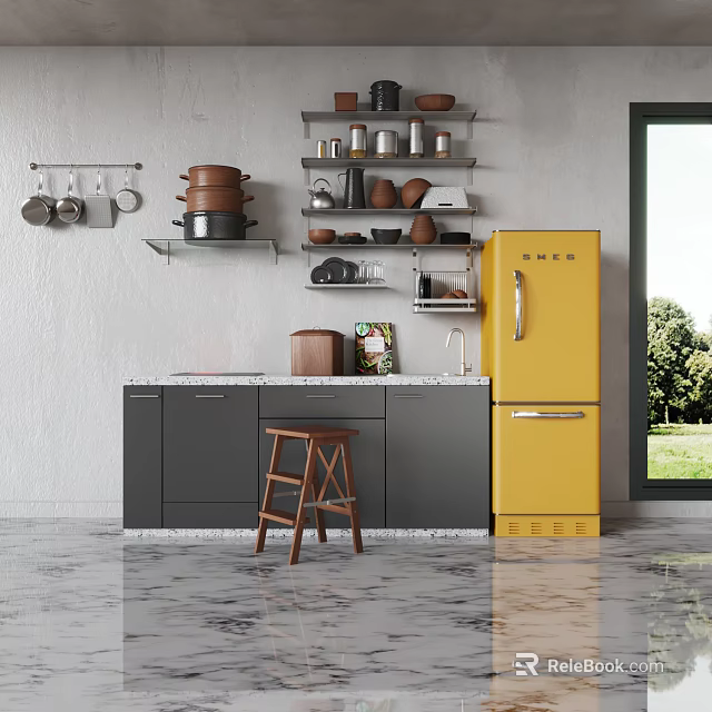 Modern Kitchen With Gray Cabinets Yellow Refrigerator Marble Countertop And Shelves With Bowls 3d model 