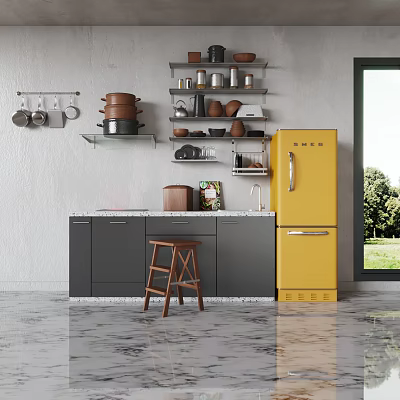 Modern Kitchen With Gray Cabinets Yellow Refrigerator Marble Countertop And Shelves With Bowls 3d model