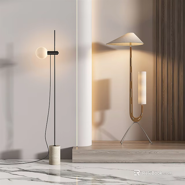 Modern Black And Gold Floor Lamps Elegant Design With Round Shade Curved Pole Metal Base 3d model 