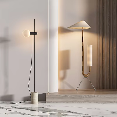 Modern Black And Gold Floor Lamps Elegant Design With Round Shade Curved Pole Metal Base 3d model