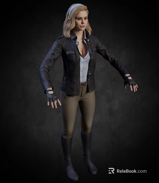 Woman Wearing Black Leather Jacket Light Blue Shirt And Brown Pants With Fingerless Gloves 3d model 