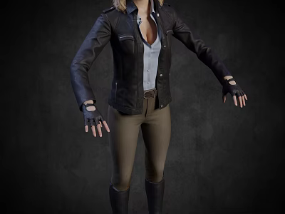 Woman Wearing Black Leather Jacket Light Blue Shirt And Brown Pants With Fingerless Gloves 3d model