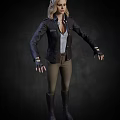 Woman Wearing Black Leather Jacket Light Blue Shirt And Brown Pants With Fingerless Gloves
