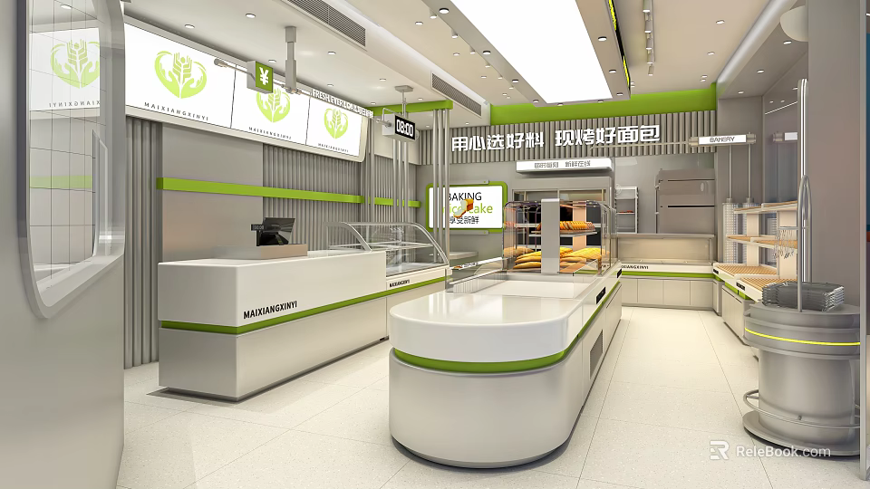 Modern Dessert Shop Interior Design With Display Counter And Glass Cases 3d model 