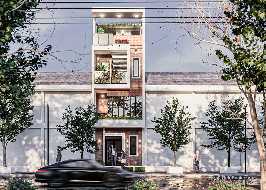 Three Story Single Family House With Red Brick White Wall On Tree Lined Street 3d model 