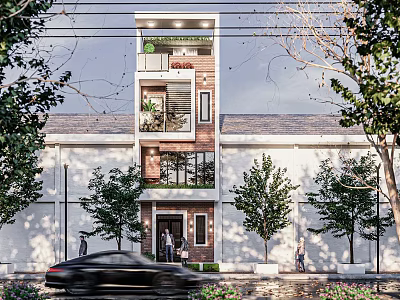 Three Story Single Family House With Red Brick White Wall On Tree Lined Street 3d model