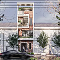 Three Story Single Family House With Red Brick White Wall On Tree Lined Street