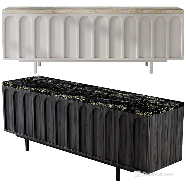Modern Black Chest of Drawers With Marble Top Vertical Striped Front And Metal Legs 3d model 