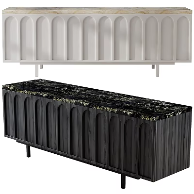 Modern Black Chest of Drawers With Marble Top Vertical Striped Front And Metal Legs 3d model