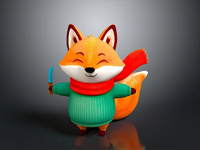Cute Smiling Orange Fur Cartoon Fox Wearing Red Scarf And Green Sweater Holding Knife 3d model