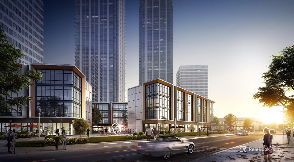 Bustling Commercial Street With Modern Buildings Glass Facades Tall Skyscrapers And Pedestrians 3d model 