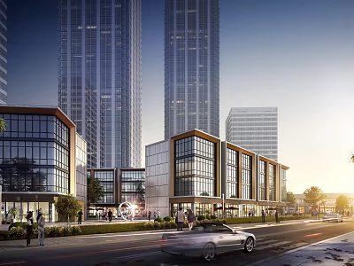 Bustling Commercial Street With Modern Buildings Glass Facades Tall Skyscrapers And Pedestrians 3d model