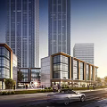Bustling Commercial Street With Modern Buildings Glass Facades Tall Skyscrapers And Pedestrians