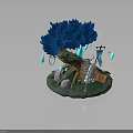 Dense Blue Tree with Brown Textured Trunk Glowing Blue Droplets and White Stones
