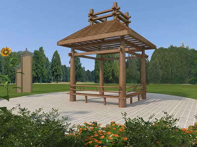 Traditional Wooden Pavilion With Bench In Garden Landscape And Greenery 3d model