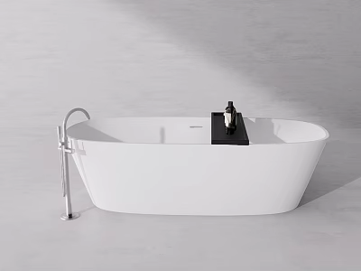 Modern Minimalist Freestanding White Bathtub With Silver Faucet Black Tray And Bath Products 3d model