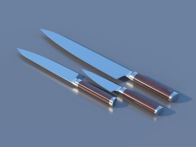 High Quality Kitchen Knives Three Piece Set With Stainless Steel Blades And Wooden Handles 3d model