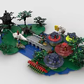 Creative Building Blocks Scene Featuring Colorful Round Structures Green Trees Blue River Bridge And Swan