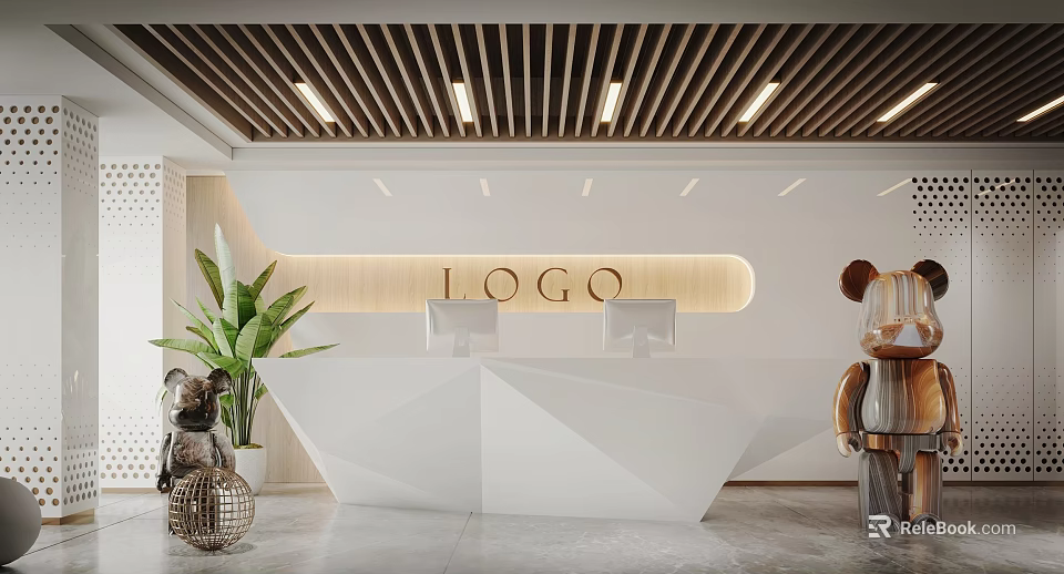 Modern Reception Desk Area Design With White Counter Wooden Ceiling Green Plant And LOGO 3d model 