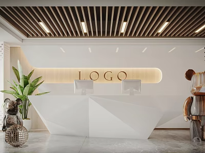 Modern Reception Desk Area Design With White Counter Wooden Ceiling Green Plant And LOGO 3d model