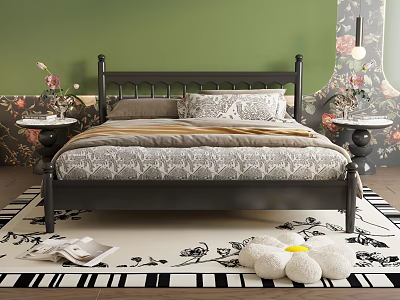 Dark Double Bed With Patterned Bedding Side Tables Pink Flowers Green Walls And Rug 3d model