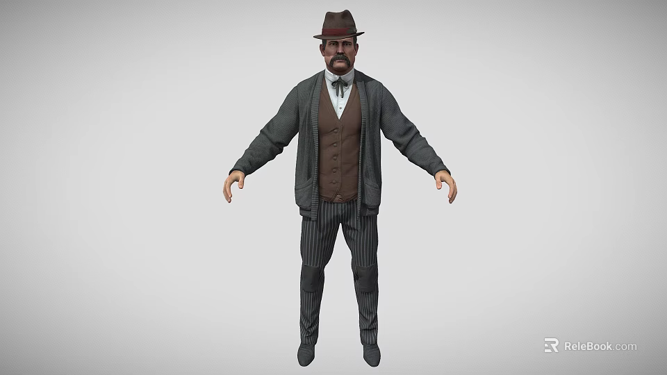 Bearded Man Wearing Hat Gray Coat Brown Vest And Striped Pants In Vintage Style 3d model 