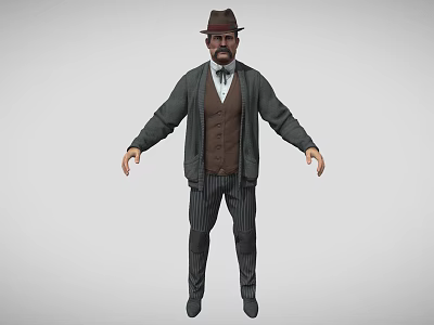 Bearded Man Wearing Hat Gray Coat Brown Vest And Striped Pants In Vintage Style 3d model