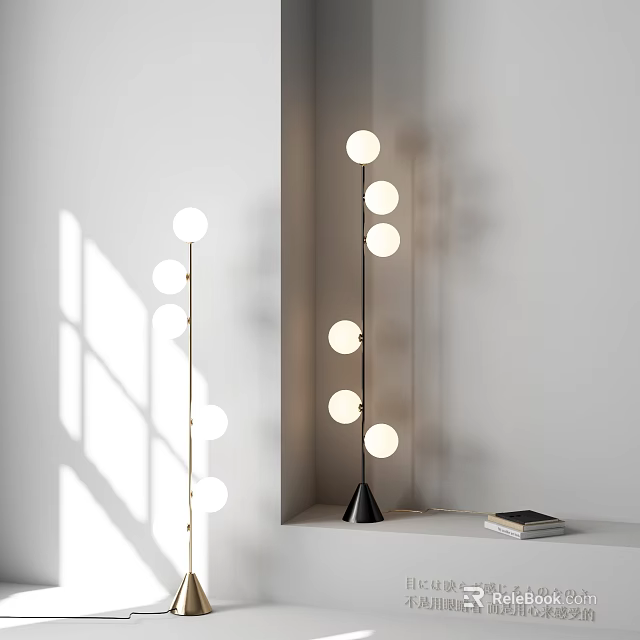 Modern Indoor Floor Lamp With Multiple Spherical Bulbs Gold And Black Poles 3d model 
