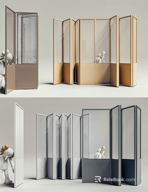 Modern Folding Room Dividers With Glass Panels And Metal Frames In Gold White Gray 3d model 