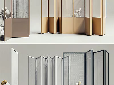 Modern Folding Room Dividers With Glass Panels And Metal Frames In Gold White Gray 3d model