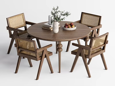 Wooden Round Dining Table Set With Rattan Chairs Decorative Vase Books And Fruit Bowl 3d model