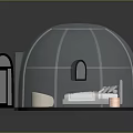 Cartoon Scene Transparent Dome Bedroom with Bed Round Stools Wooden Floor and Black Curved Frame