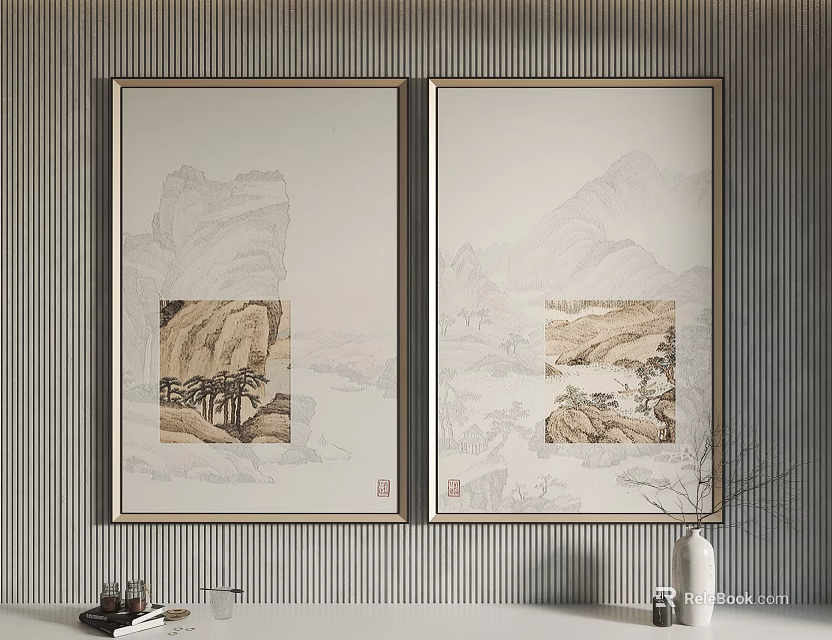 Two Landscape Paintings With Golden Frames Hung On Striped Wall Featuring Mountain River And Trees 3d model 