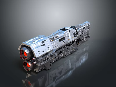 Futuristic Sci Fi Spaceship Model With Metallic Structure And Red Thrusters 3d model