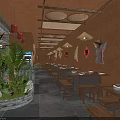 Traditional Chinese Restaurant Interior with Red Lanterns Wooden Tables Benches Green Plants and Brick Walls