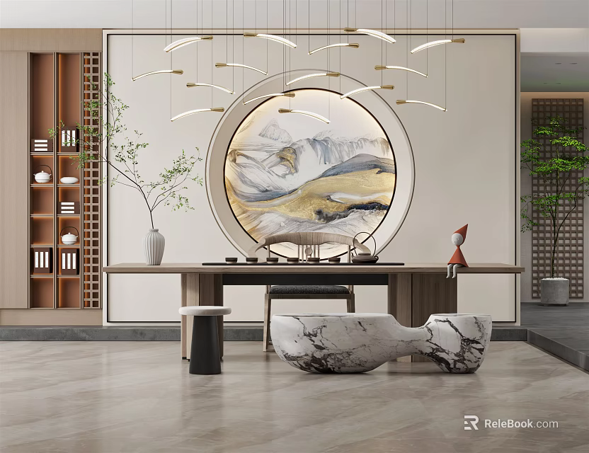 Modern Chinese Tea Room Interior With Round Landscape Painting Tea Table Chandelier And Marble Elements 3d model 
