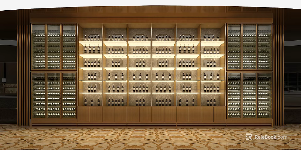 Elegant Wine Cellar Interior Design With Illuminated Racks And Arranged Bottles 3d model 